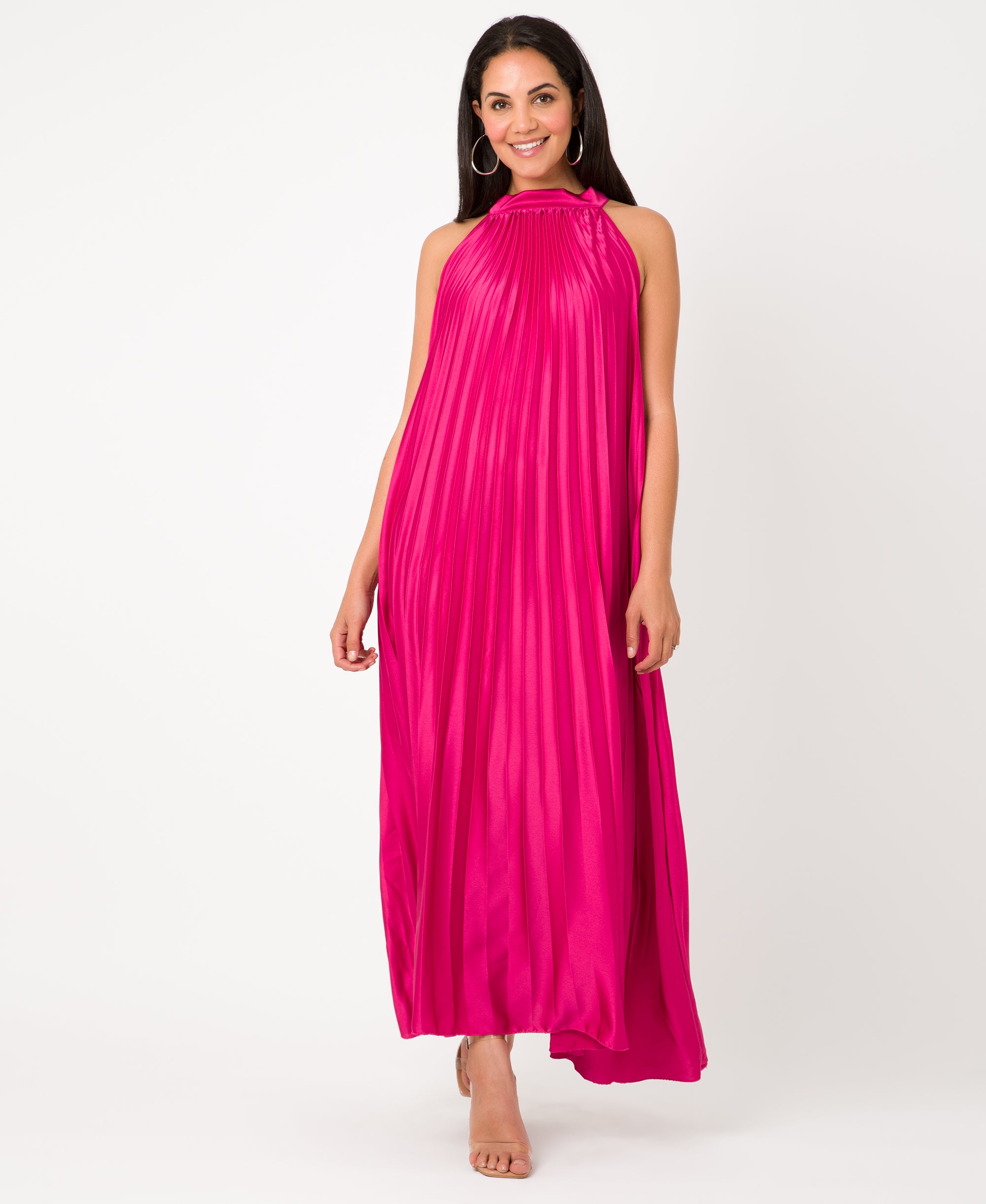 KRISP Plain Pleated Satin Halterneck Maxi Dress (11111)